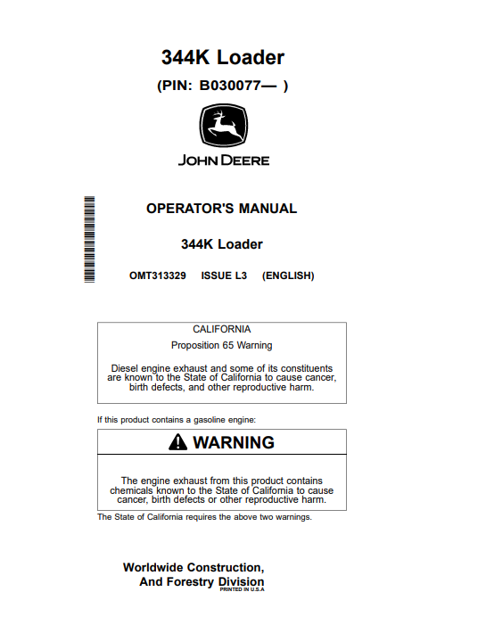JOHN DEERE 344K LOADER OPERATOR MANUAL OMT313329