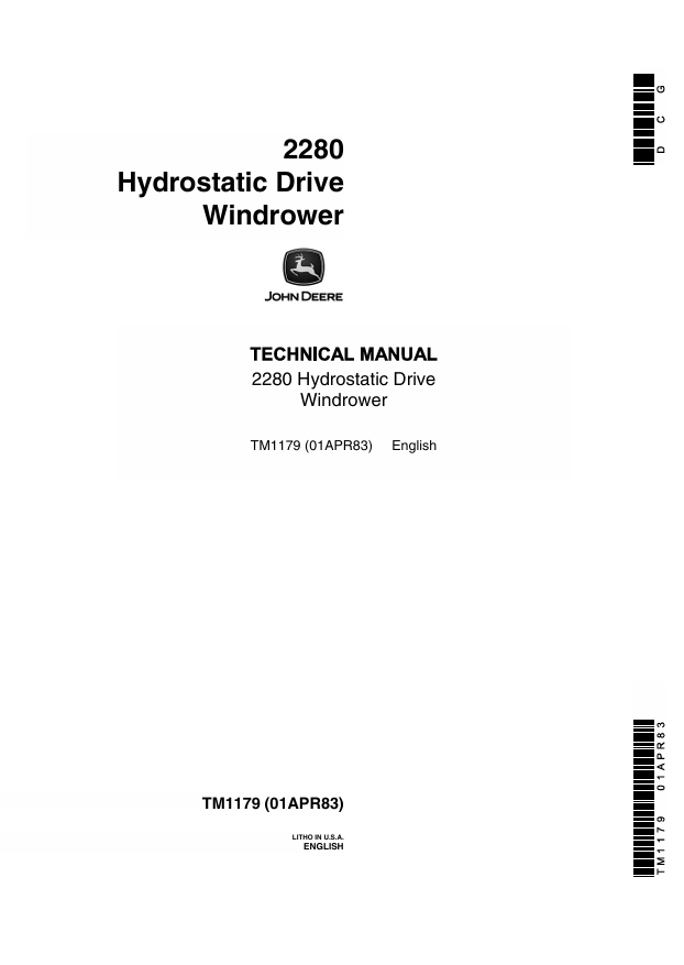 JOHN DEERE 2280 WINDROWER TECHNICAL MANUAL TM1179