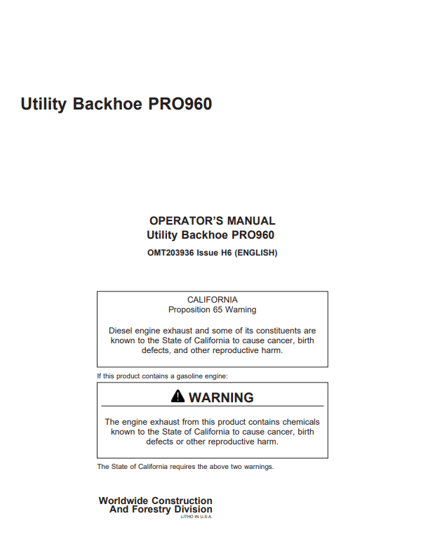 JOHN DEERE UTILITY BACKHOE PRO960 OPERATOR MANUAL OMT203936