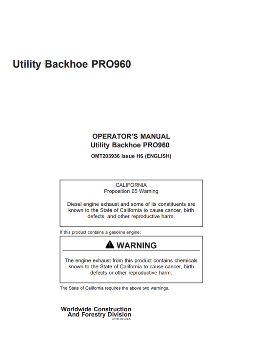 JOHN DEERE UTILITY BACKHOE PRO960 OPERATOR MANUAL OMT203936