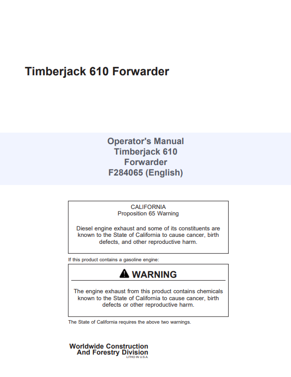 JOHN DEERE TIMBERJACK 610 FORWARDER OPERATOR MANUAL F284065