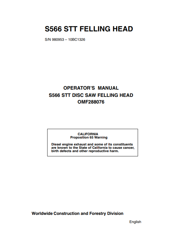 JOHN DEERE S566 STT DISC SAW FELLING HEAD OPERATOR MANUAL OMF288076