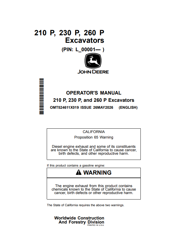 JOHN DEERE 210 P, 230 P, AND 260 P EXCAVATOR OPERATOR MANUAL OMT524611X019