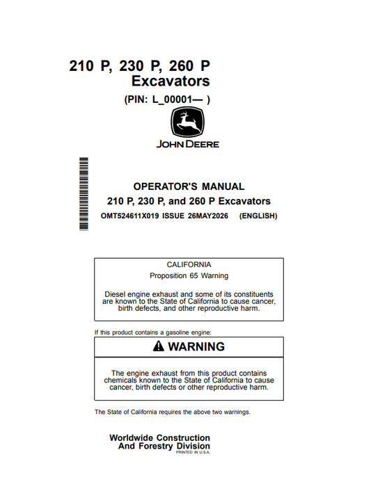 JOHN DEERE 210 P, 230 P, AND 260 P EXCAVATOR OPERATOR MANUAL OMT524611X019