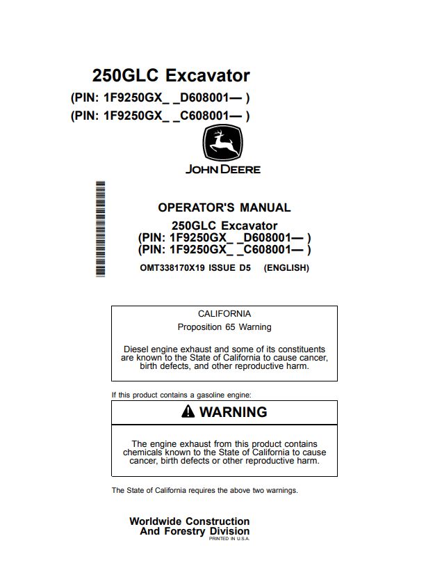 JOHN DEERE 250GLC EXCAVATOR OPERATOR MANUAL OMT338170X19