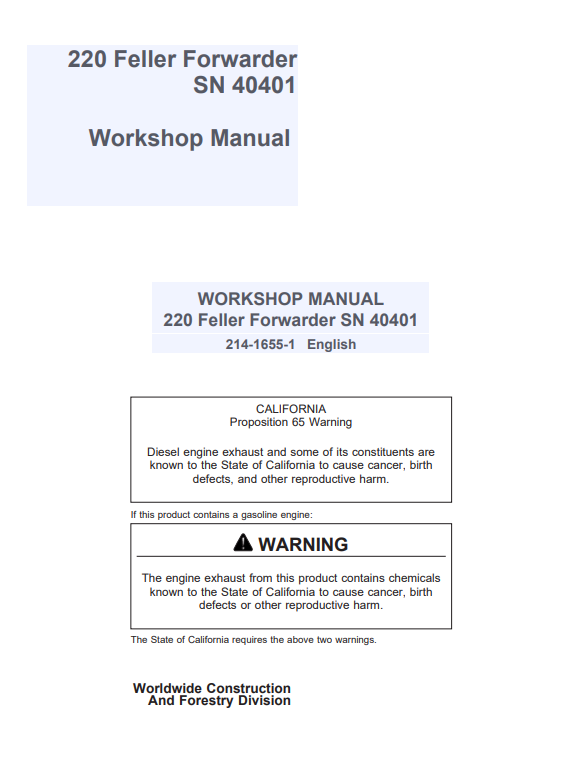 JOHN DEERE 220 FELLER FORWARDER OPERATOR MANUAL 214-1655-1