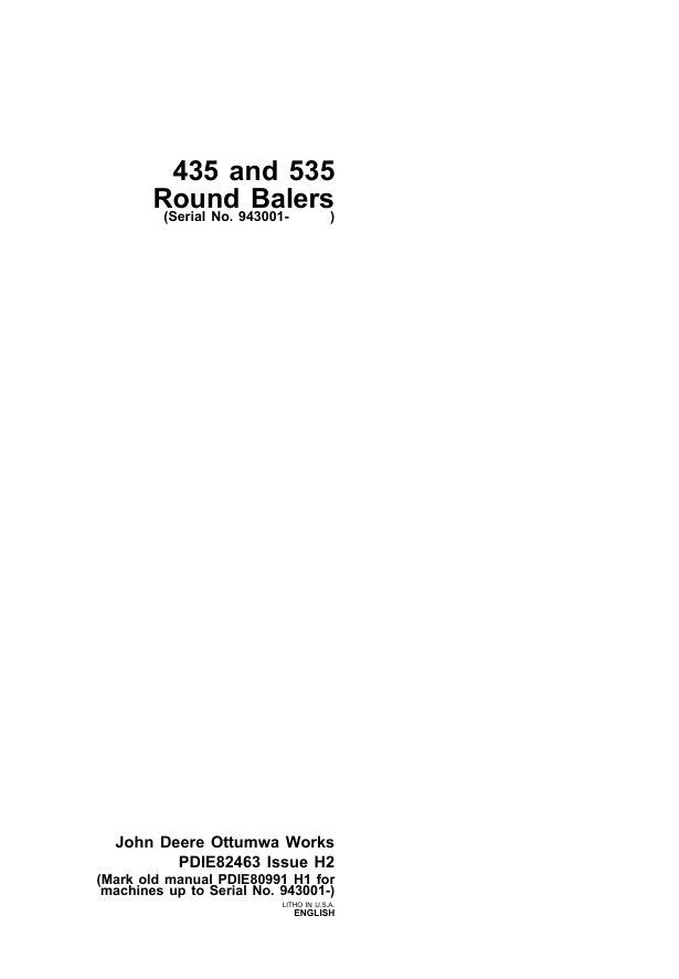JOHN DEERE 435, 535 ROUND BALER PRE DELIVERY INSTRUCTION MANUAL PDIE82463