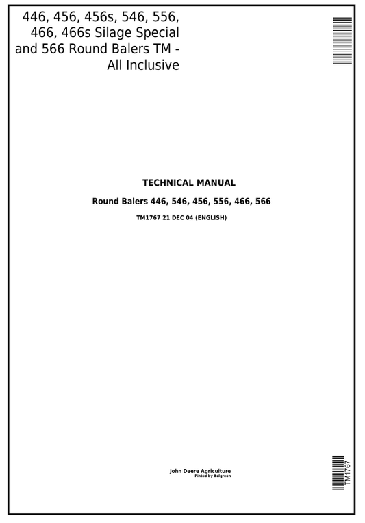 JOHN DEERE 446, 456, 456S, 546, 556, 466, 466S, 566 ROUND BALER TECHNICAL MANUAL TM1767