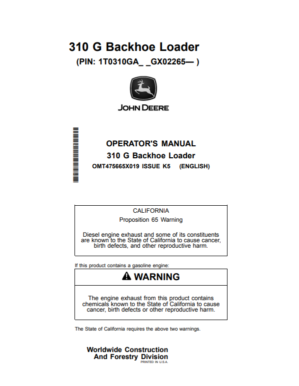 JOHN DEERE 310 G BACKHOE LOADER OPERATOR MANUAL OMT475665X019