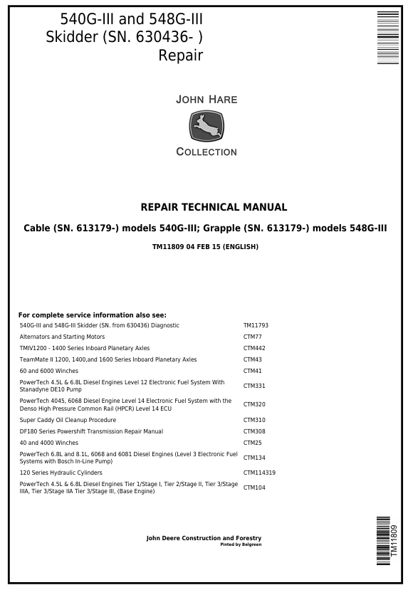 JOHN DEERE 540G-III, 548G-III SKIDDER REPAIR TECHNICAL MANUAL TM11809
