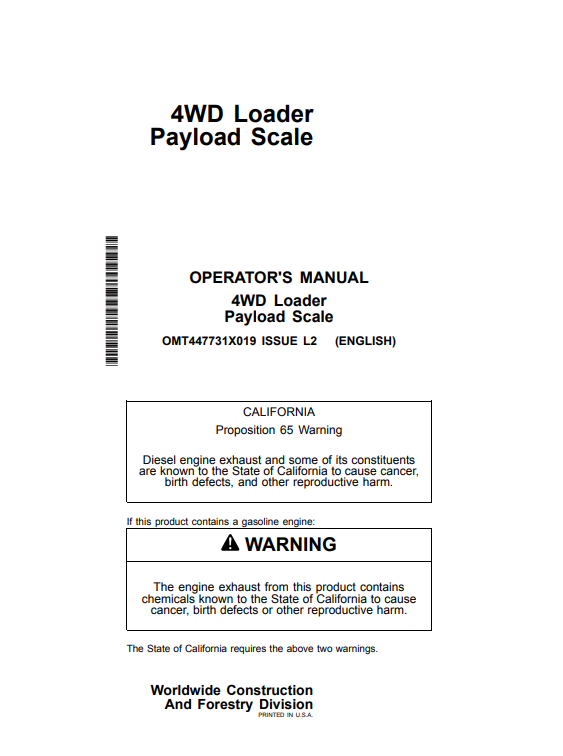 JOHN DEERE 4WD LOADER PAYLOAD SCALE OPERATOR MANUAL OMT447731X019