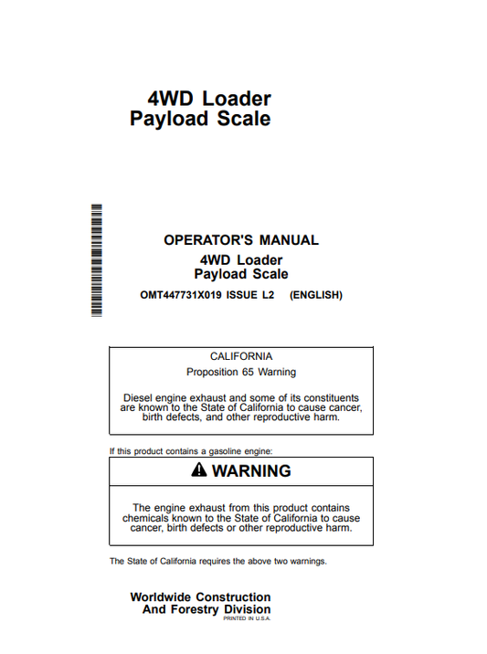 JOHN DEERE 4WD LOADER PAYLOAD SCALE OPERATOR MANUAL OMT447731X019