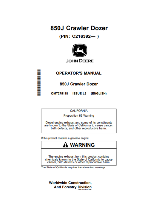 JOHN DEERE 850J CRAWLER DOZER OPERATOR MANUAL OMT275118