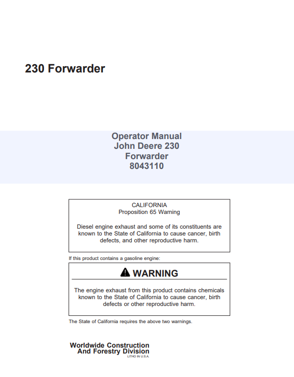JOHN DEERE 230 FORWARDER OPERATOR MANUAL 8043110