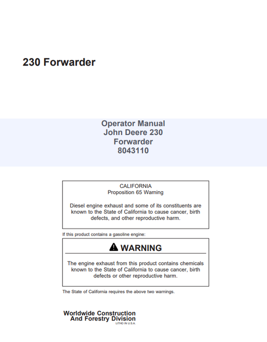 JOHN DEERE 230 FORWARDER OPERATOR MANUAL 8043110