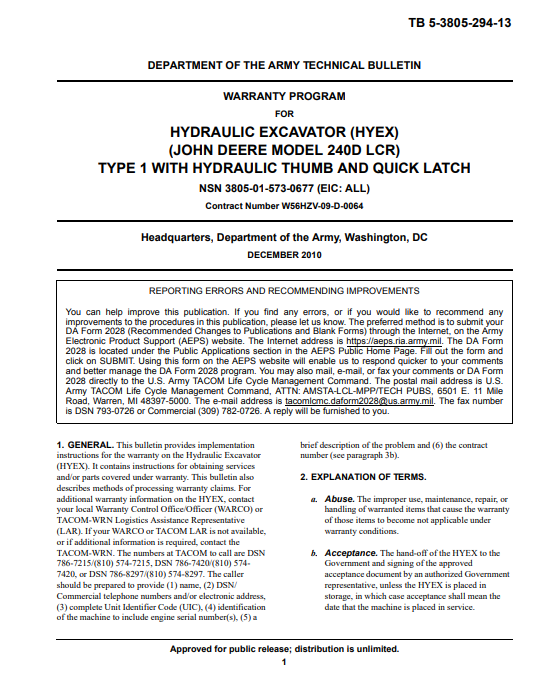JOHN DEERE 240DLCR HYDRAULIC EXCAVATOR TYPE 1 WITH THUMB AND QUICK LATCH OPERATOR MANUAL TB5380529413