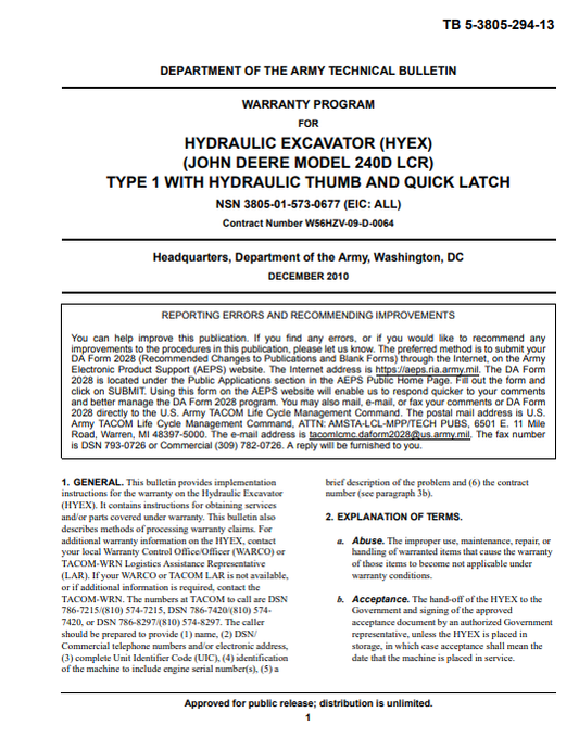JOHN DEERE 240DLCR HYDRAULIC EXCAVATOR TYPE 1 WITH THUMB AND QUICK LATCH OPERATOR MANUAL TB5380529413