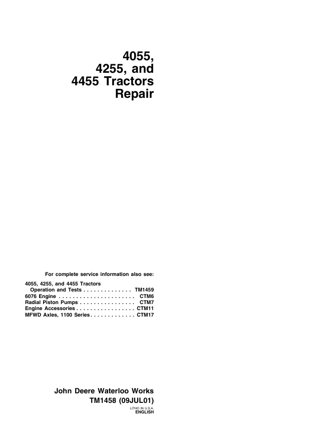 JOHN DEERE 4055, 4255 AND 4455 TRACTOR REPAIR MANUAL TM1458