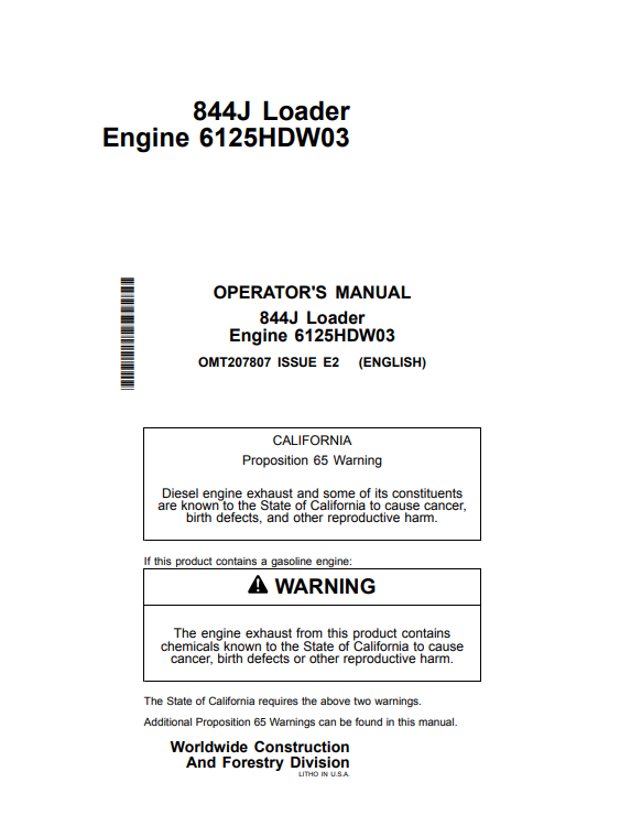 JOHN DEERE 844J LOADER ENGINE 6125HDW03 OPERATOR MANUAL OMT207807