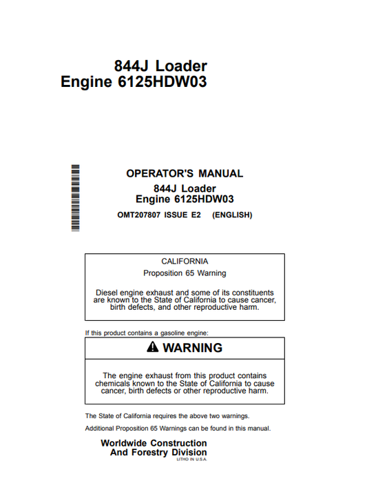 JOHN DEERE 844J LOADER ENGINE 6125HDW03 OPERATOR MANUAL OMT207807