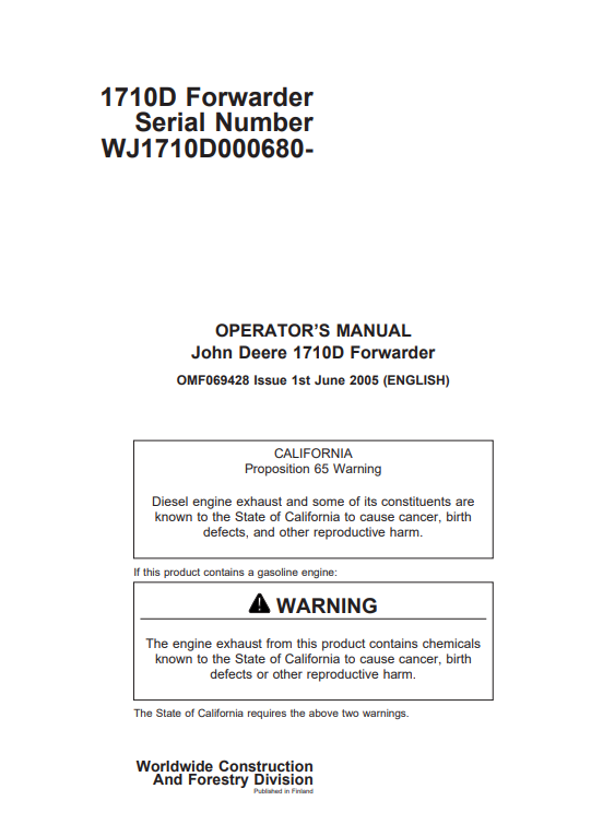 JOHN DEERE 1710D FORWARDER OPERATOR MANUAL OMF069428
