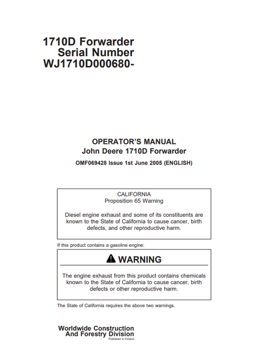 JOHN DEERE 1710D FORWARDER OPERATOR MANUAL OMF069428