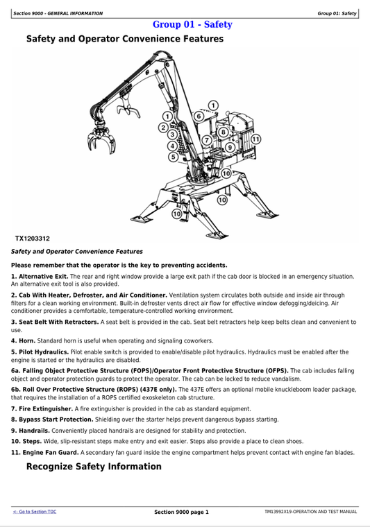 JOHN DEERE 337E, 437E KNUCKLEBOOM LOG LOADER OPERATION AND TEST MANUAL TM13992X19