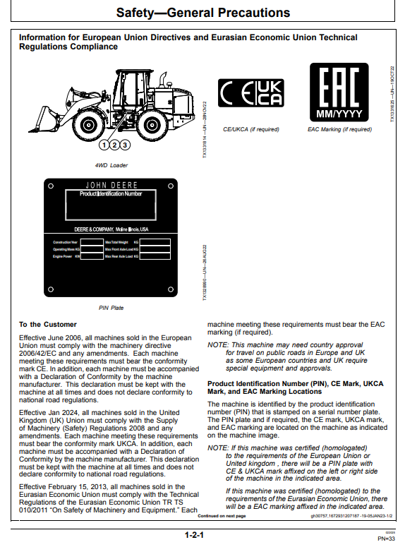 JOHN DEERE 624 P-TIER, GEN-A 4WD LOADER OPERATOR MANUAL OMT483919X019