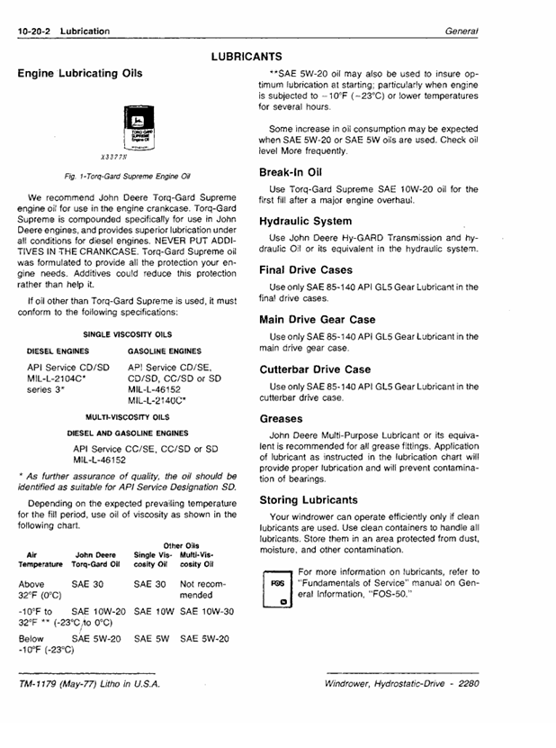 JOHN DEERE 2280 WINDROWER TECHNICAL MANUAL TM1179