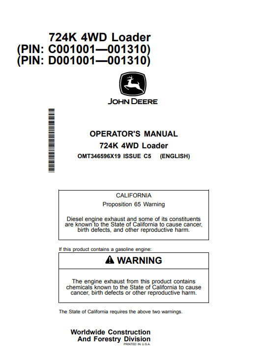 JOHN DEERE 724K 4WD LOADER OPERATOR MANUAL OMT346596X19