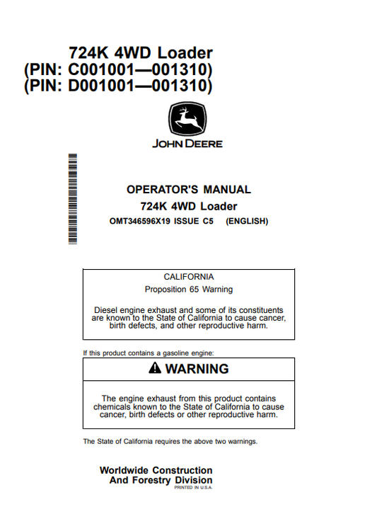 JOHN DEERE 724K 4WD LOADER OPERATOR MANUAL OMT346596X19