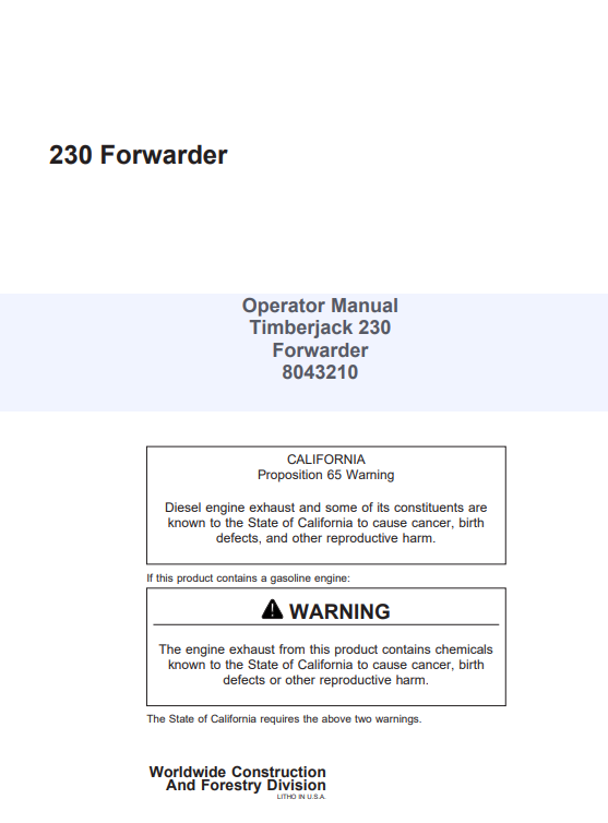 JOHN DEERE 230 FORWARDER OPERATOR MANUAL 8043210