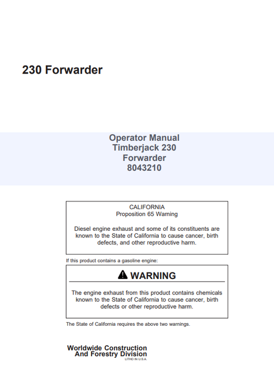 JOHN DEERE 230 FORWARDER OPERATOR MANUAL 8043210