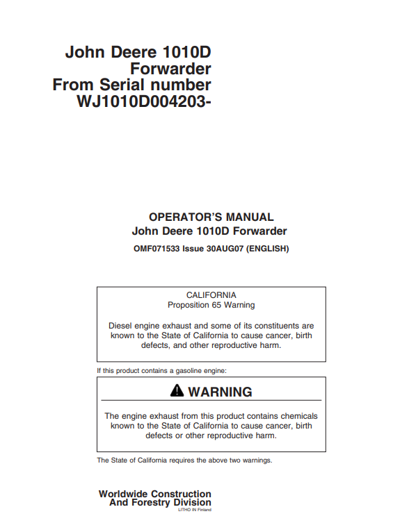 JOHN DEERE 1010D FORWARDER OPERATOR MANUAL OMF071533