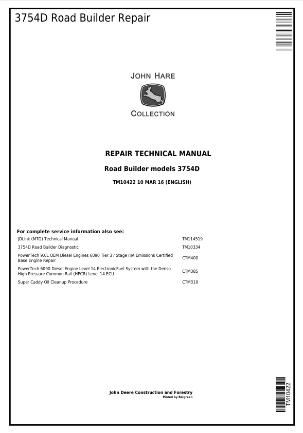 JOHN DEERE 3754D ROAD BUILDER REPAIR TECHNICAL MANUAL TM10422