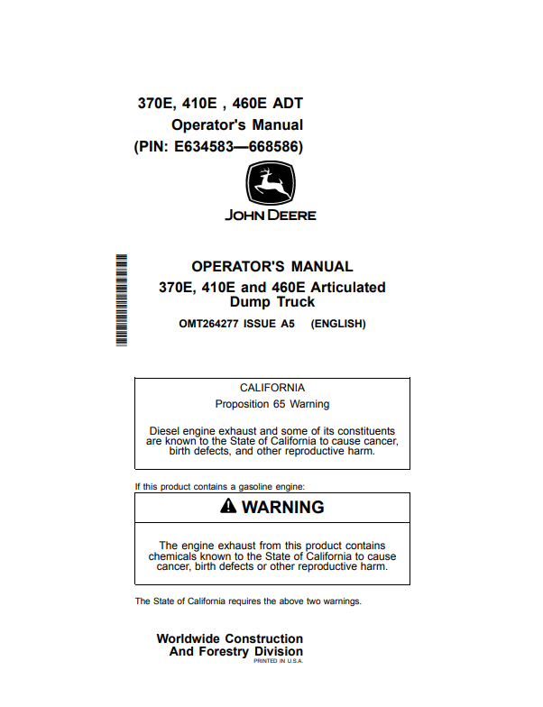 JOHN DEERE 370E, 410E AND 460E ARTICULATED DUMP TRUCK OPERATOR MANUAL OMT264277