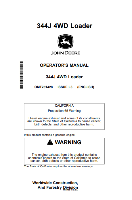 JOHN DEERE 344J 4WD LOADER OPERATOR MANUAL OMT251428
