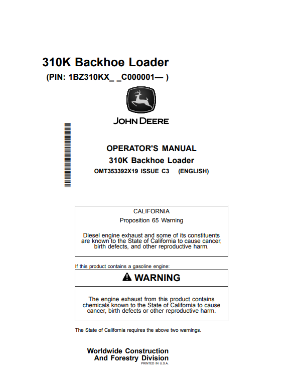 JOHN DEERE 310K BACKHOE LOADER OPERATOR MANUAL OMT353392X19