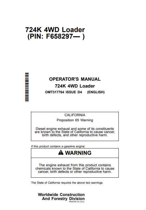 JOHN DEERE 724K 4WD LOADER OPERATOR MANUAL OMT317764
