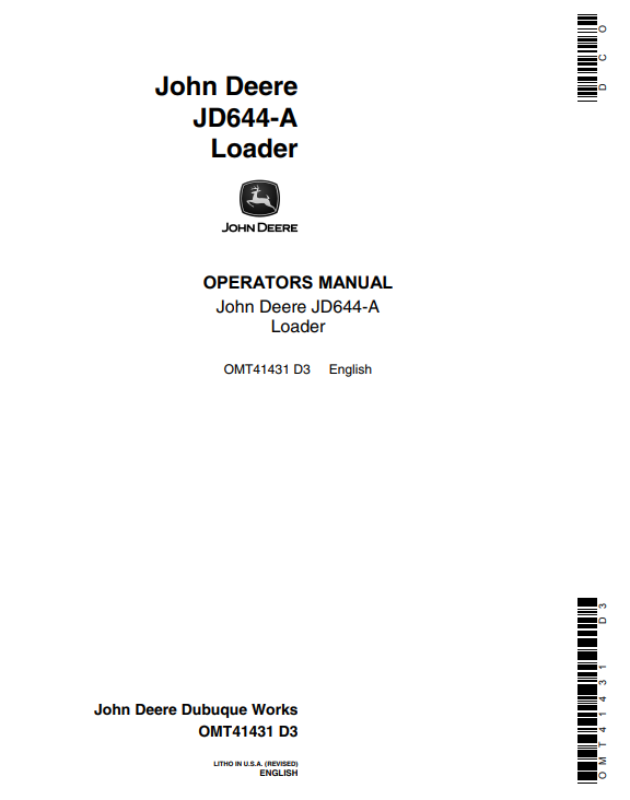 JOHN DEERE JD644-A LOADER OPERATOR MANUAL OMT41431