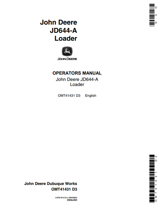 JOHN DEERE JD644-A LOADER OPERATOR MANUAL OMT41431