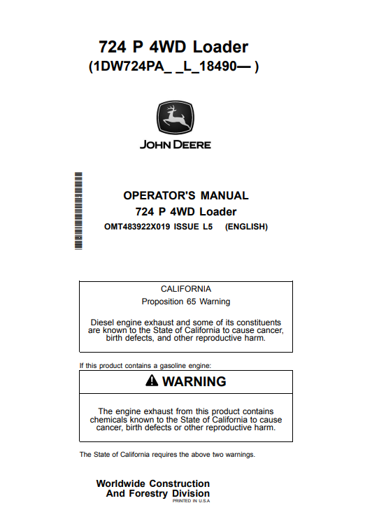 JOHN DEERE 724 P 4WD LOADER OPERATOR MANUAL OMT483922X019