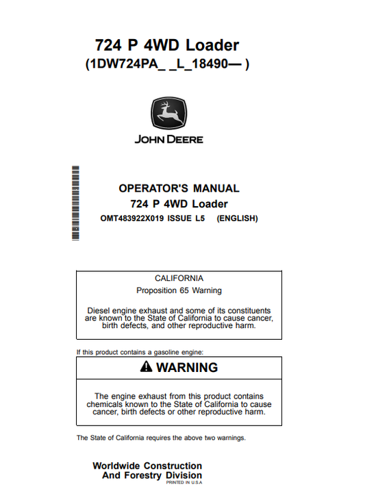 JOHN DEERE 724 P 4WD LOADER OPERATOR MANUAL OMT483922X019