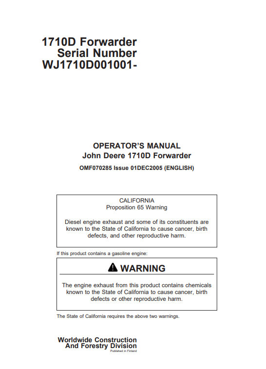 JOHN DEERE 1710D FORWARDER OPERATOR MANUAL OMF070285