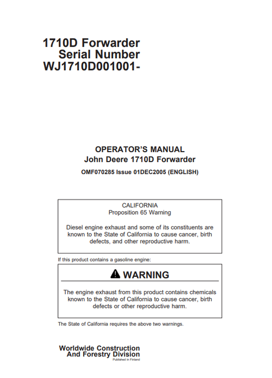 JOHN DEERE 1710D FORWARDER OPERATOR MANUAL OMF070285