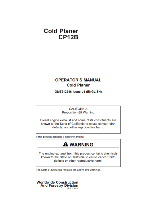 JOHN DEERE COLD PLANER CP12B OPERATOR MANUAL OMT212946