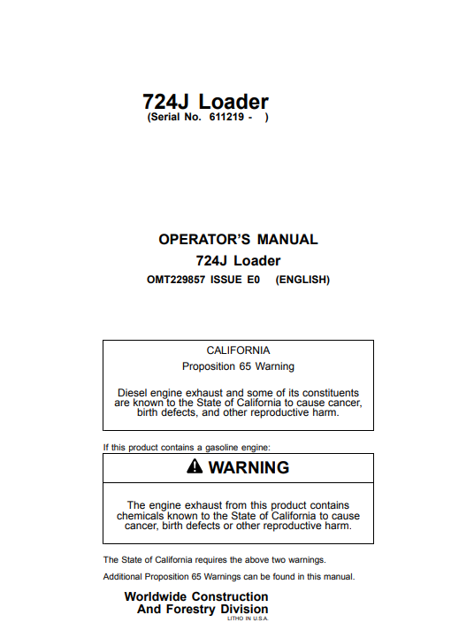 JOHN DEERE 724J LOADER OPERATOR MANUAL OMT229857