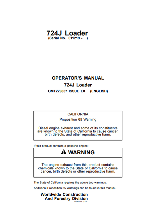 JOHN DEERE 724J LOADER OPERATOR MANUAL OMT229857