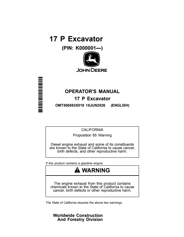 JOHN DEERE 17 P EXCAVATOR OPERATOR MANUAL OMT506563X019