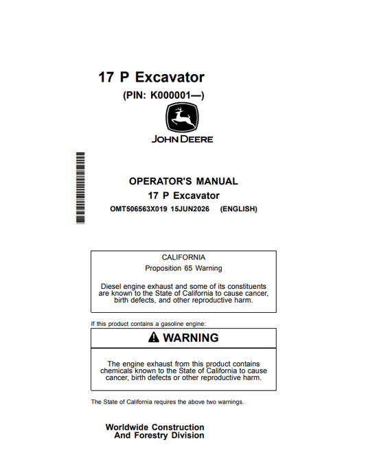 JOHN DEERE 17 P EXCAVATOR OPERATOR MANUAL OMT506563X019